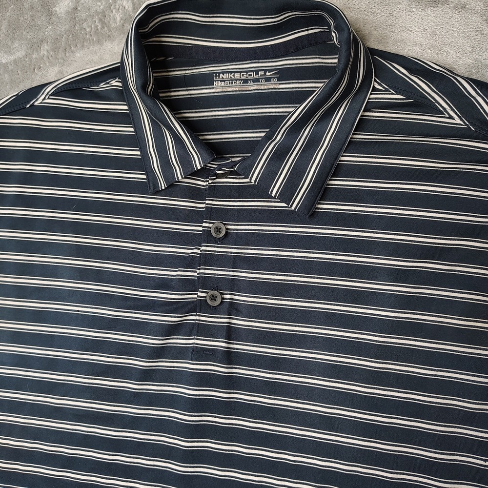 Nike Polo Golf Shirt Mens XL Navy Blue White Striped Fit Dry Performance Stretch